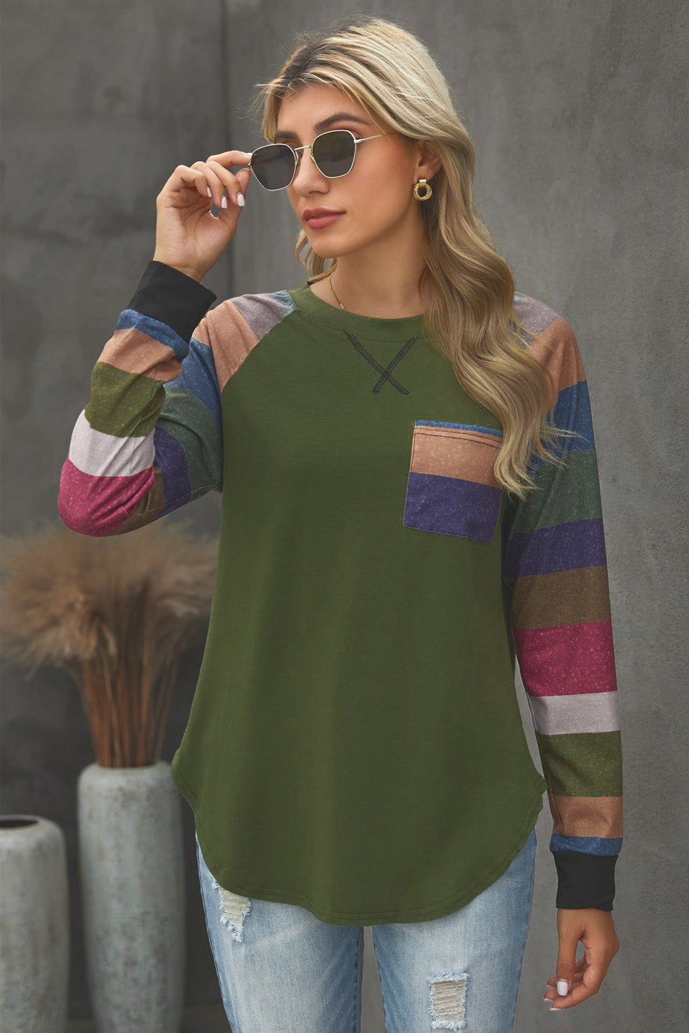 Color Block Pocket Raglan Sleeve Tee