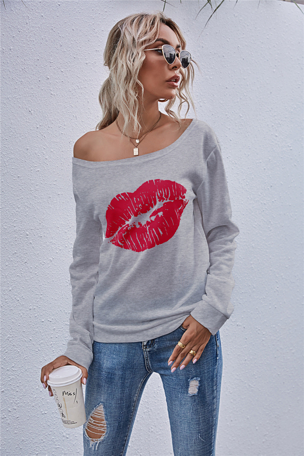 Lip Graphic Off-Shoulder Sweatshirt