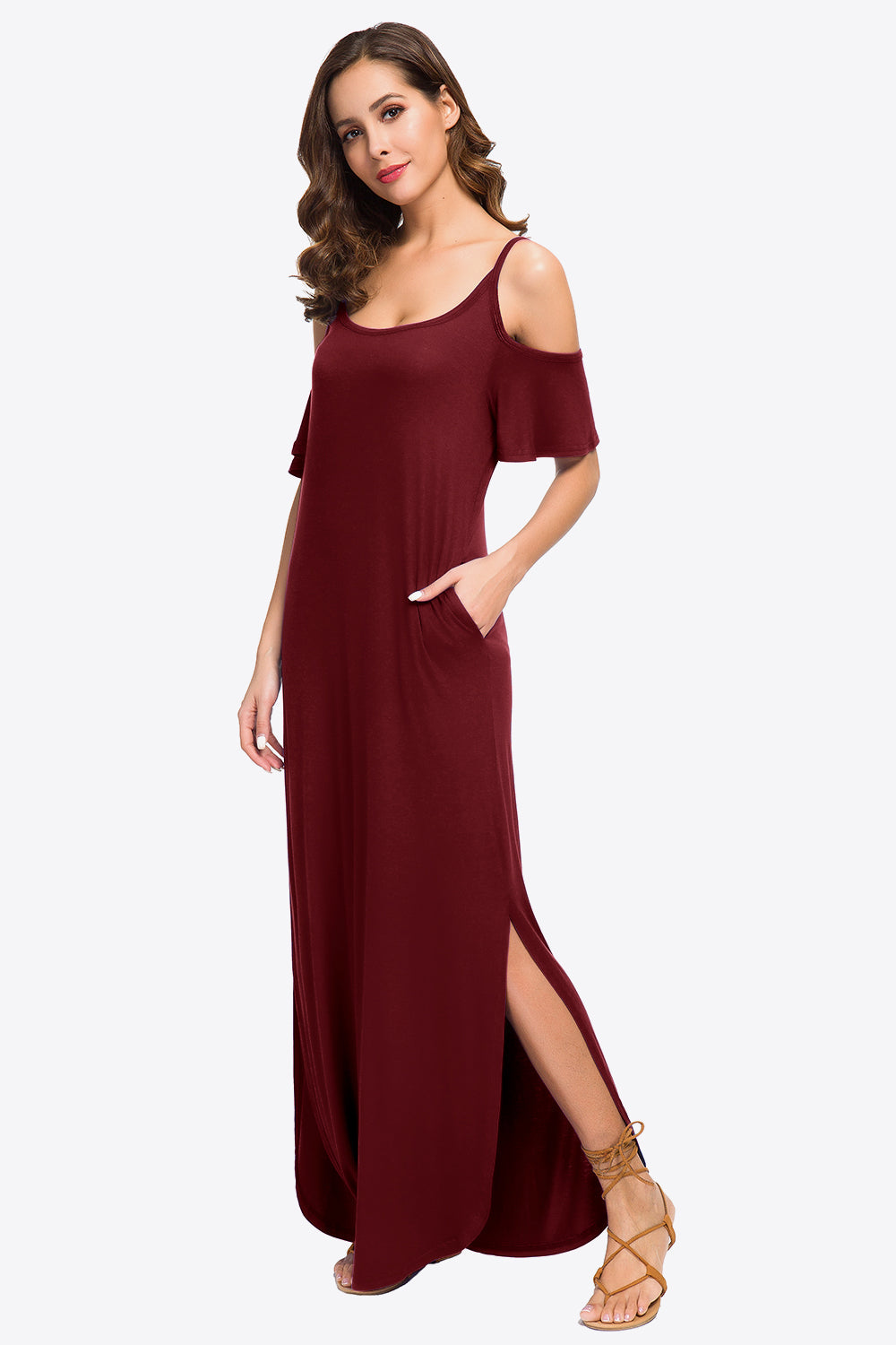 Cold-Shoulder Split Maxi Dress with Pockets