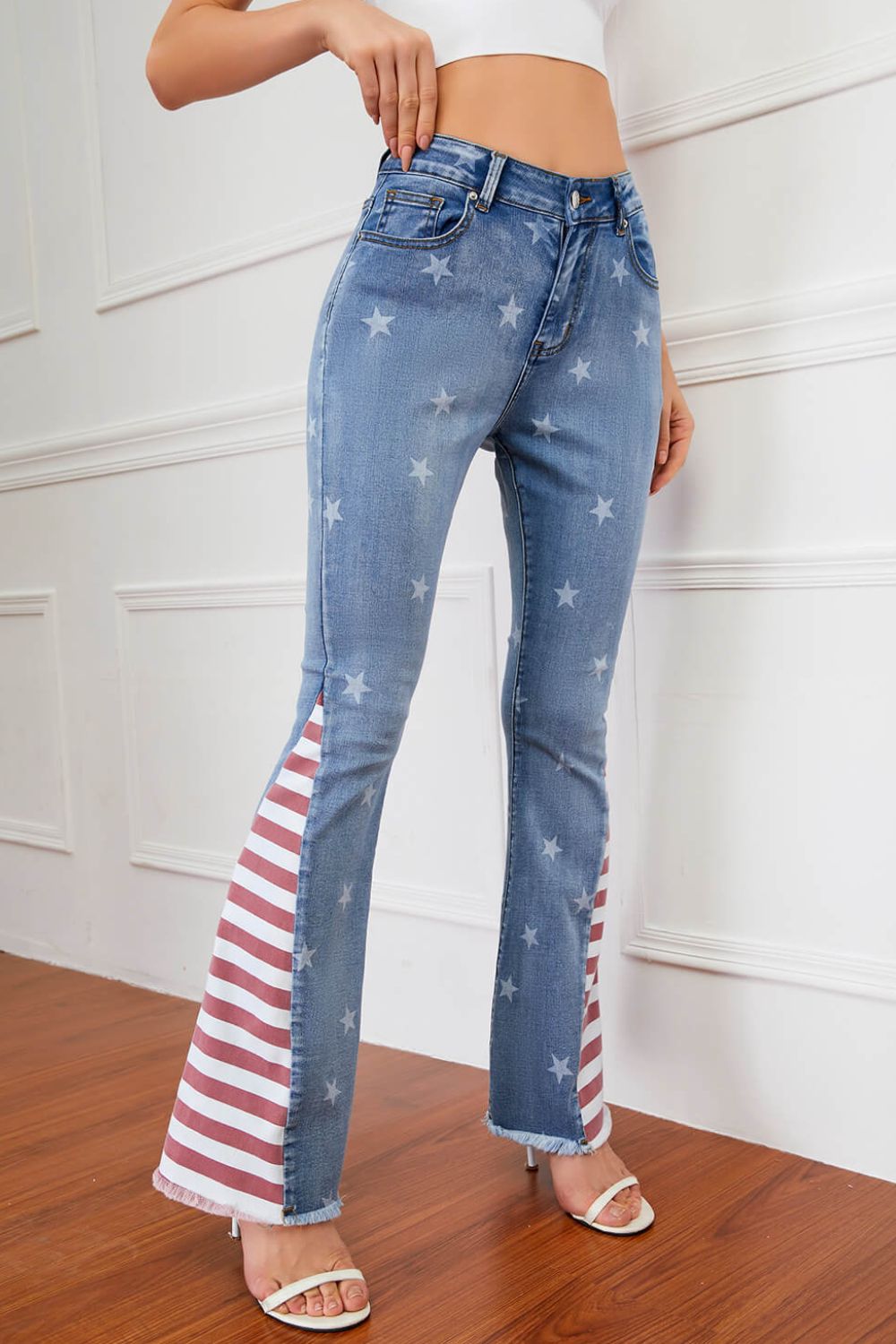 Full Size US Flag Frayed Hem Flare Jeans
