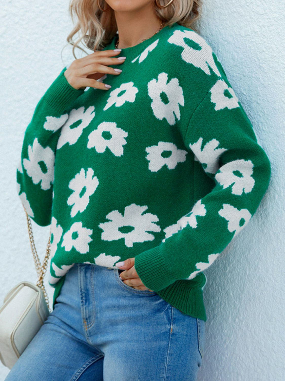 Floral Ribbed Trim Knit Sweater