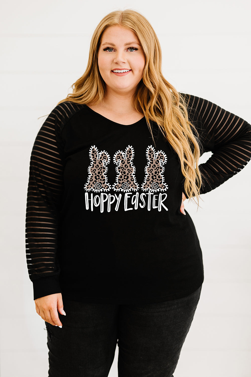 Plus Size HOPPY EASTER Sheer Striped Long Sleeve Top