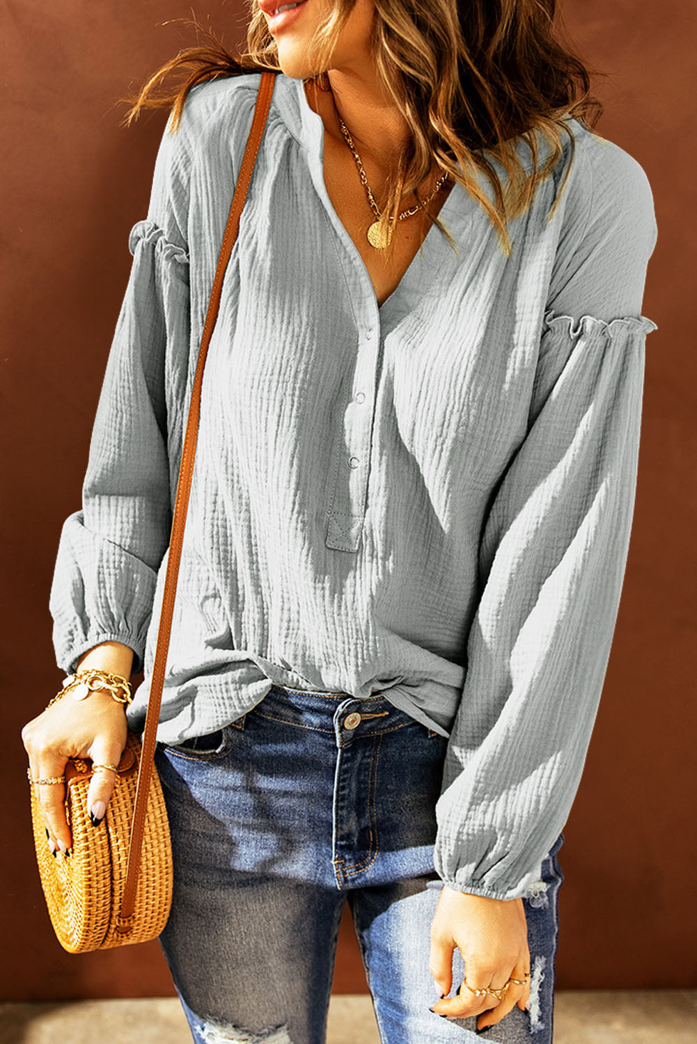 Balloon Sleeve Frill Trim Notched Neck Blouse