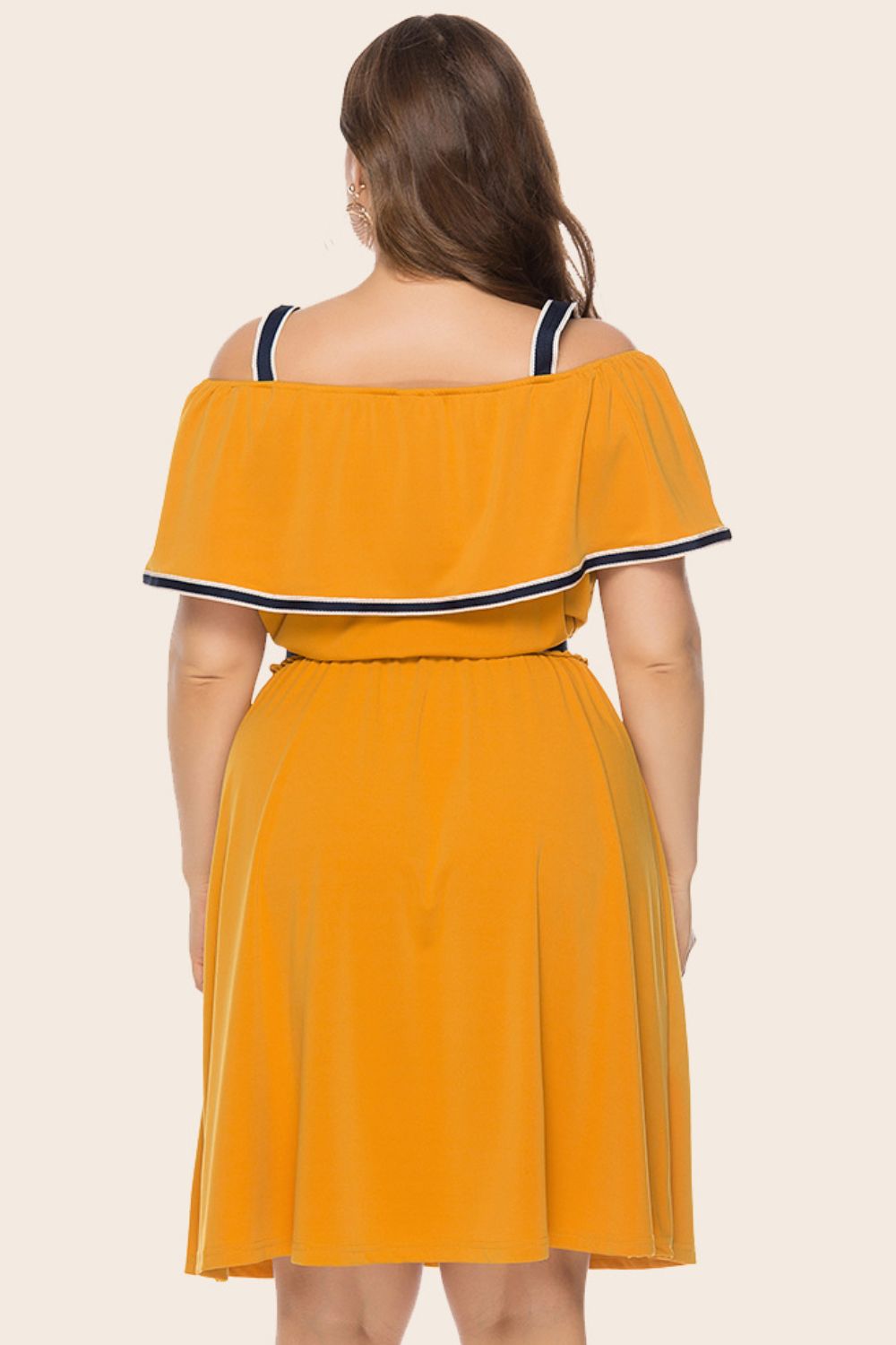 Plus Size Contrast Trim Cold-Shoulder Belted Dress