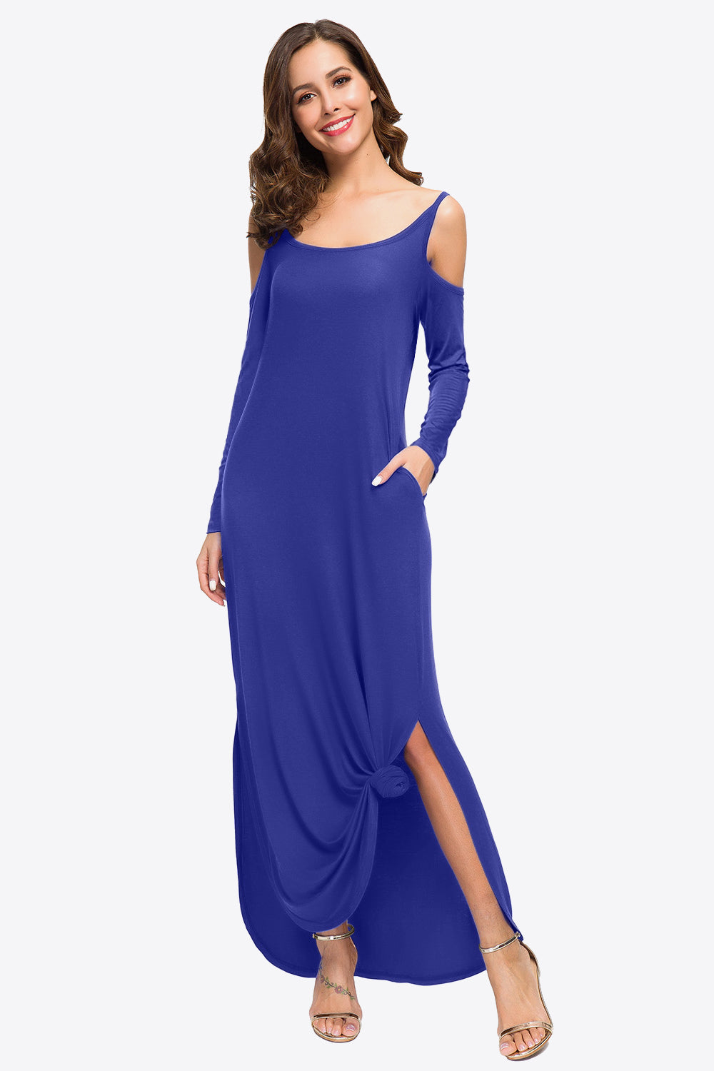 Cold-Shoulder Split Dress with Pockets