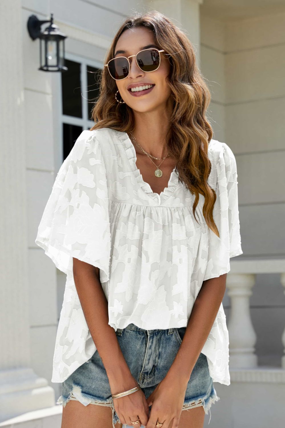 Applique Frill Trim Flutter Sleeve Blouse