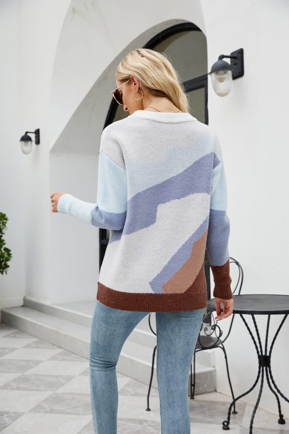 Color Block Dropped Shoulder Round Neck Tunic Sweater