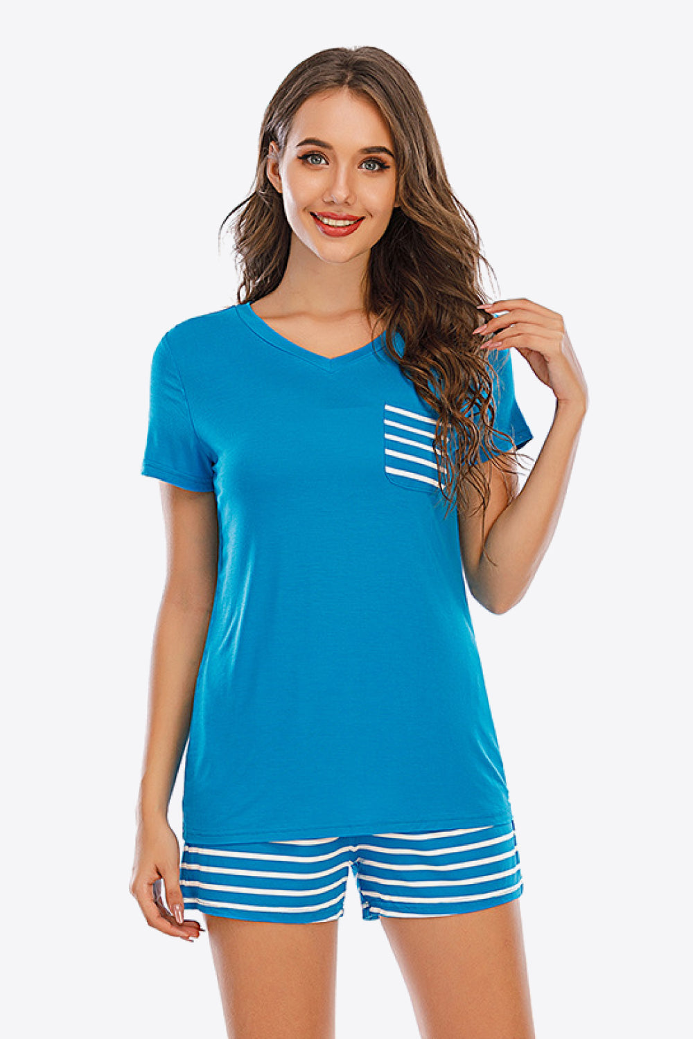 Striped V-Neck Top and Shorts Lounge Set