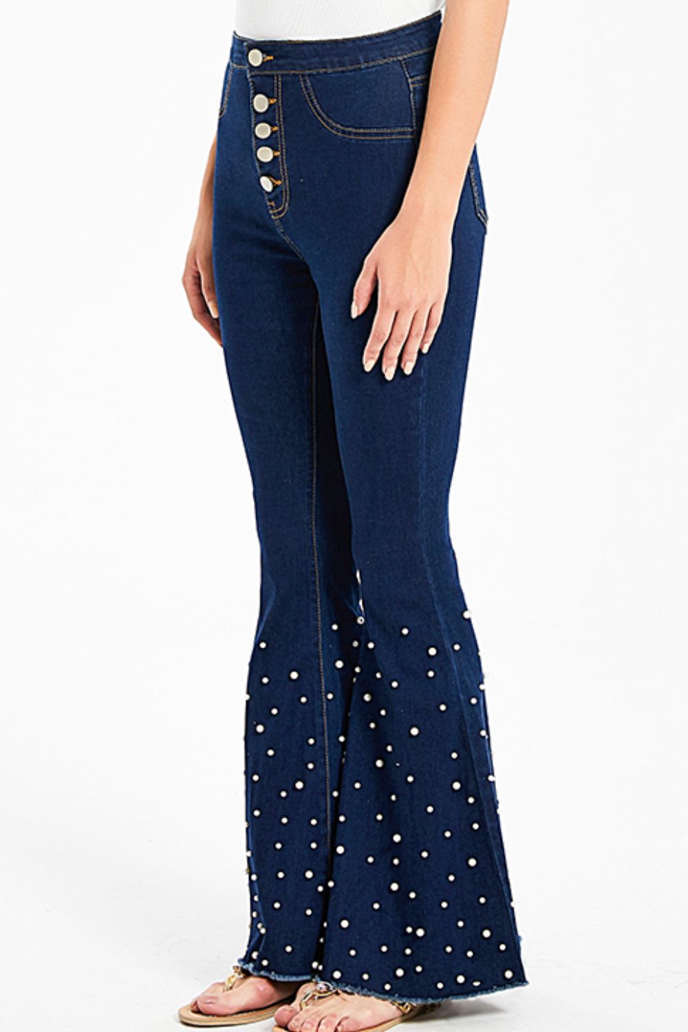 Full Size Pearl Trim Raw Hem Flare Leg Jeans