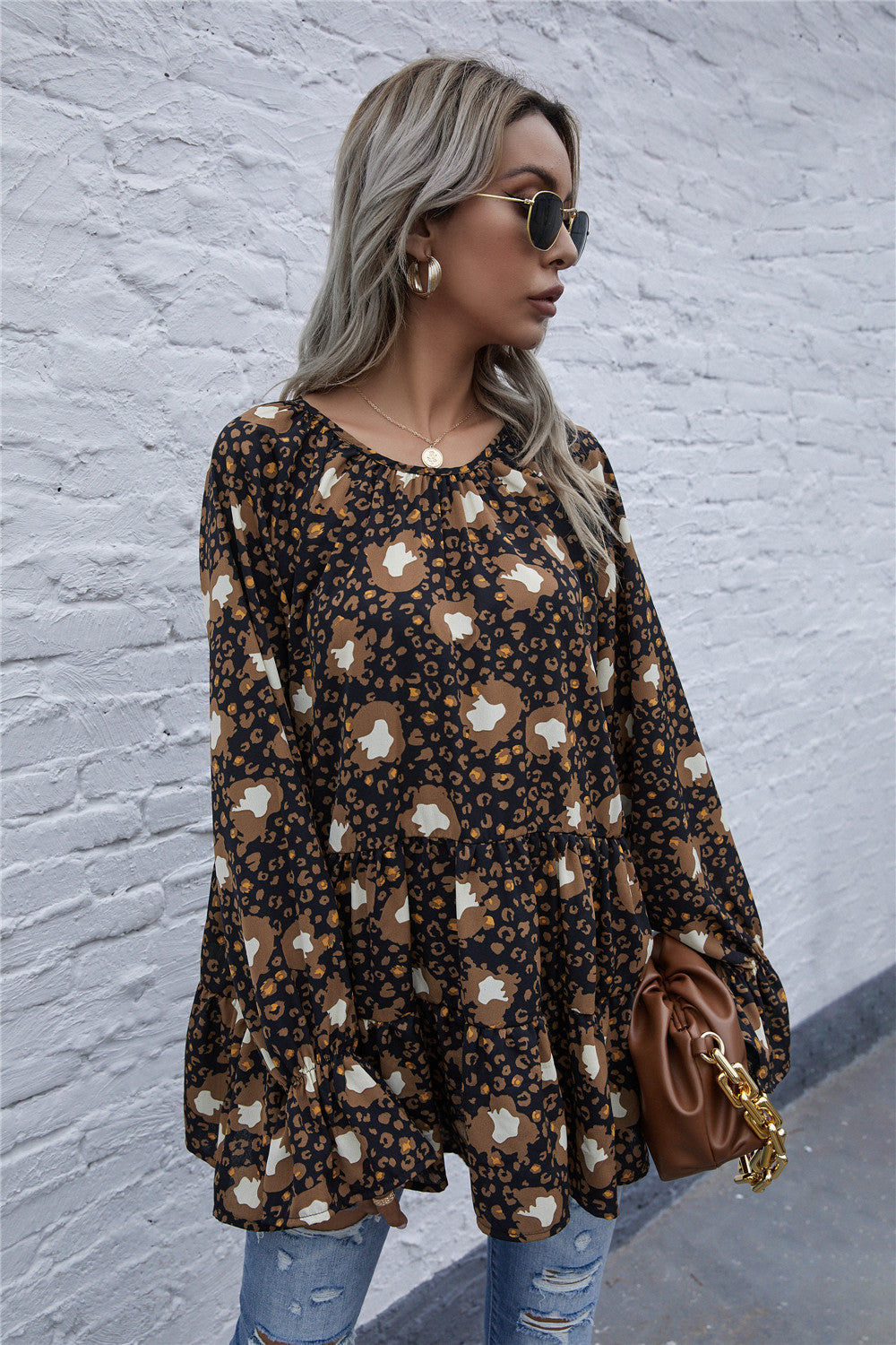 Leopard Round Neck Tiered Flounce Sleeve Blouse