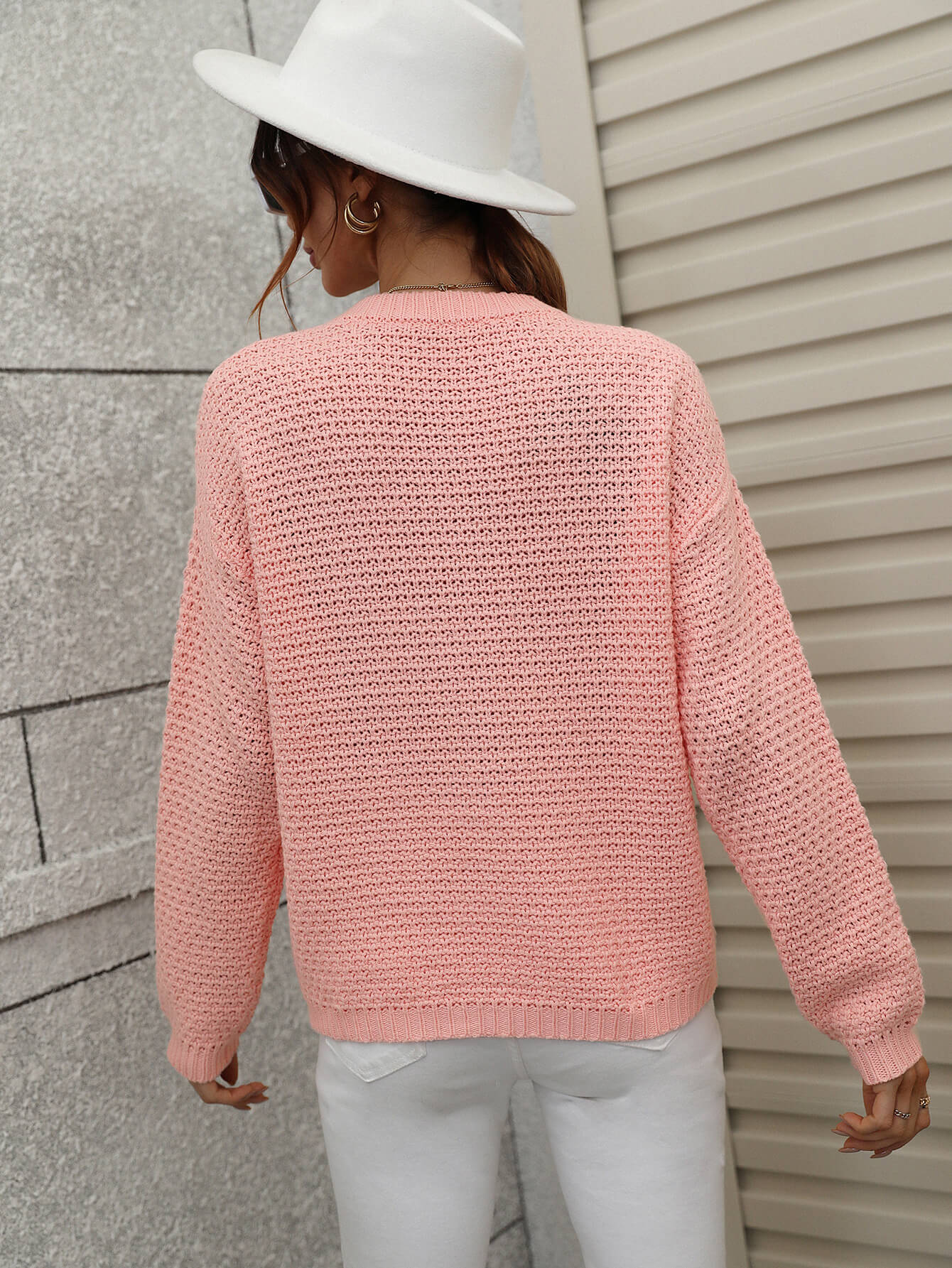 Drop Shoulder Round Neck Ribbed Cuff Sweater