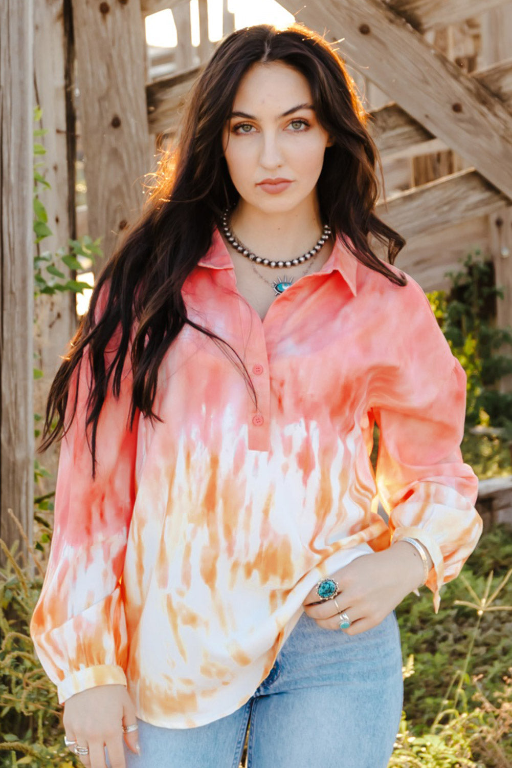 Tie-Dye Quarter-Button Tie Back Collared Top