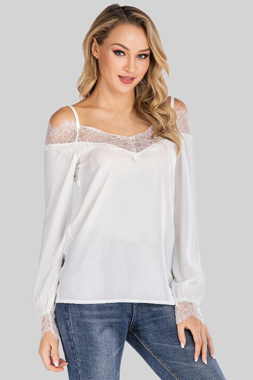 Spliced Lace Cold-Shoulder Blouse