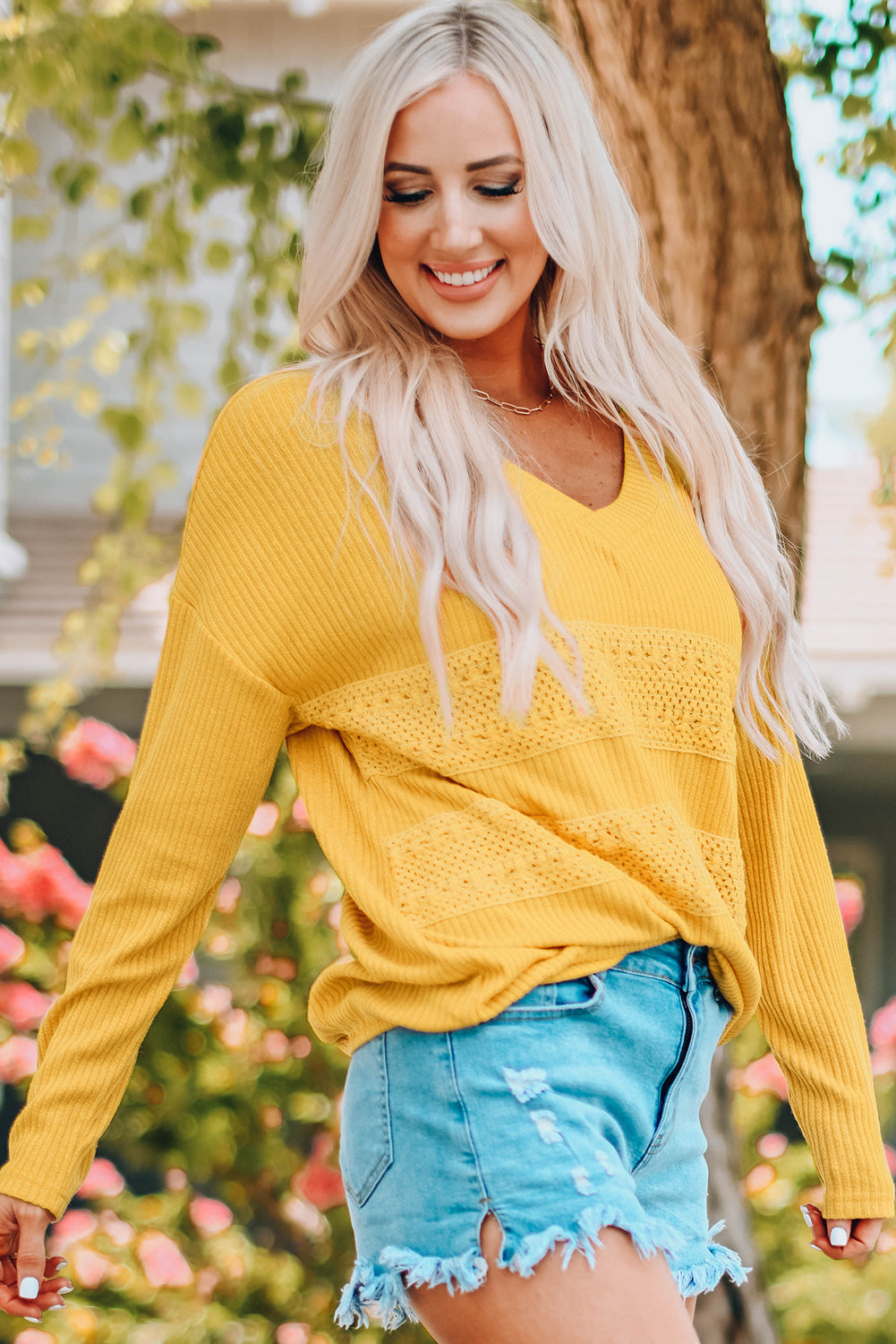 Ribbed Lace Trim V-Neck Top - Deals DejaVu