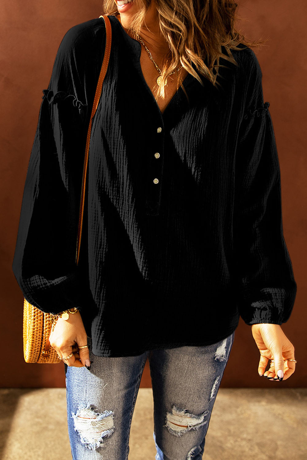 Balloon Sleeve Frill Trim Notched Neck Blouse