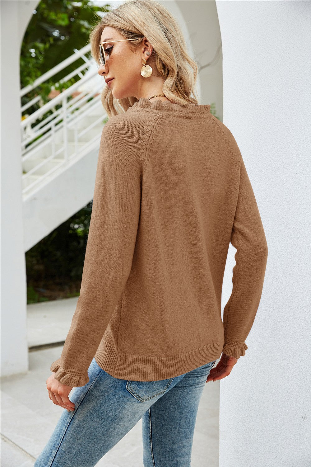 Half-Button Frill Trim Raglan Sleeve Sweater