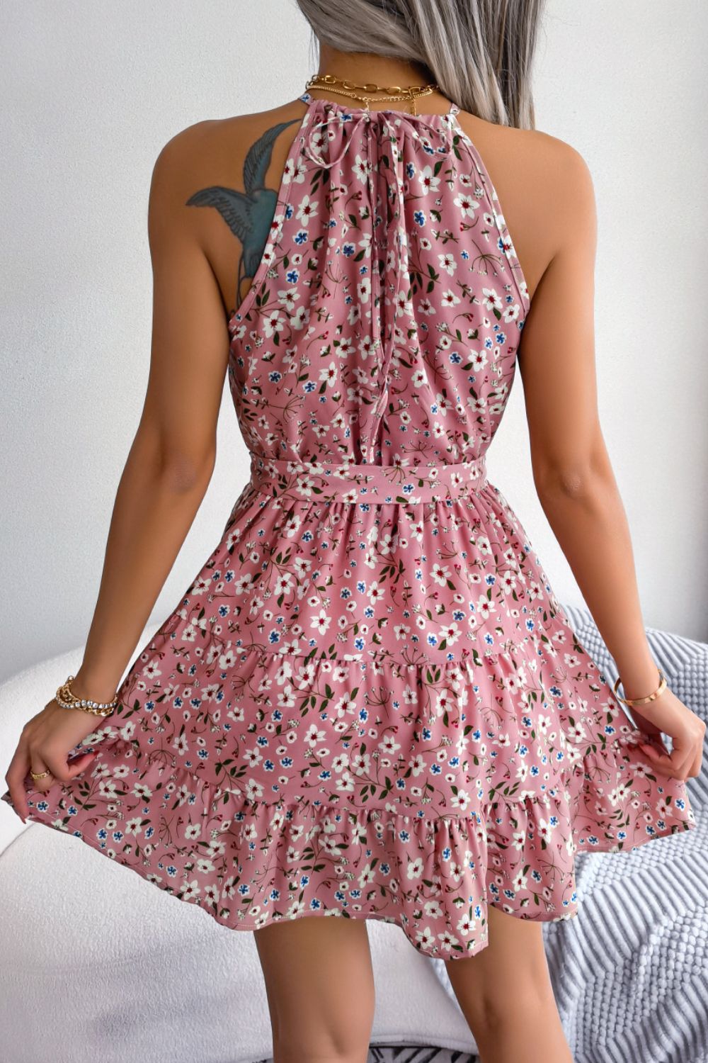 Floral Tie Waist Ruffle Hem Sleeveless Dress