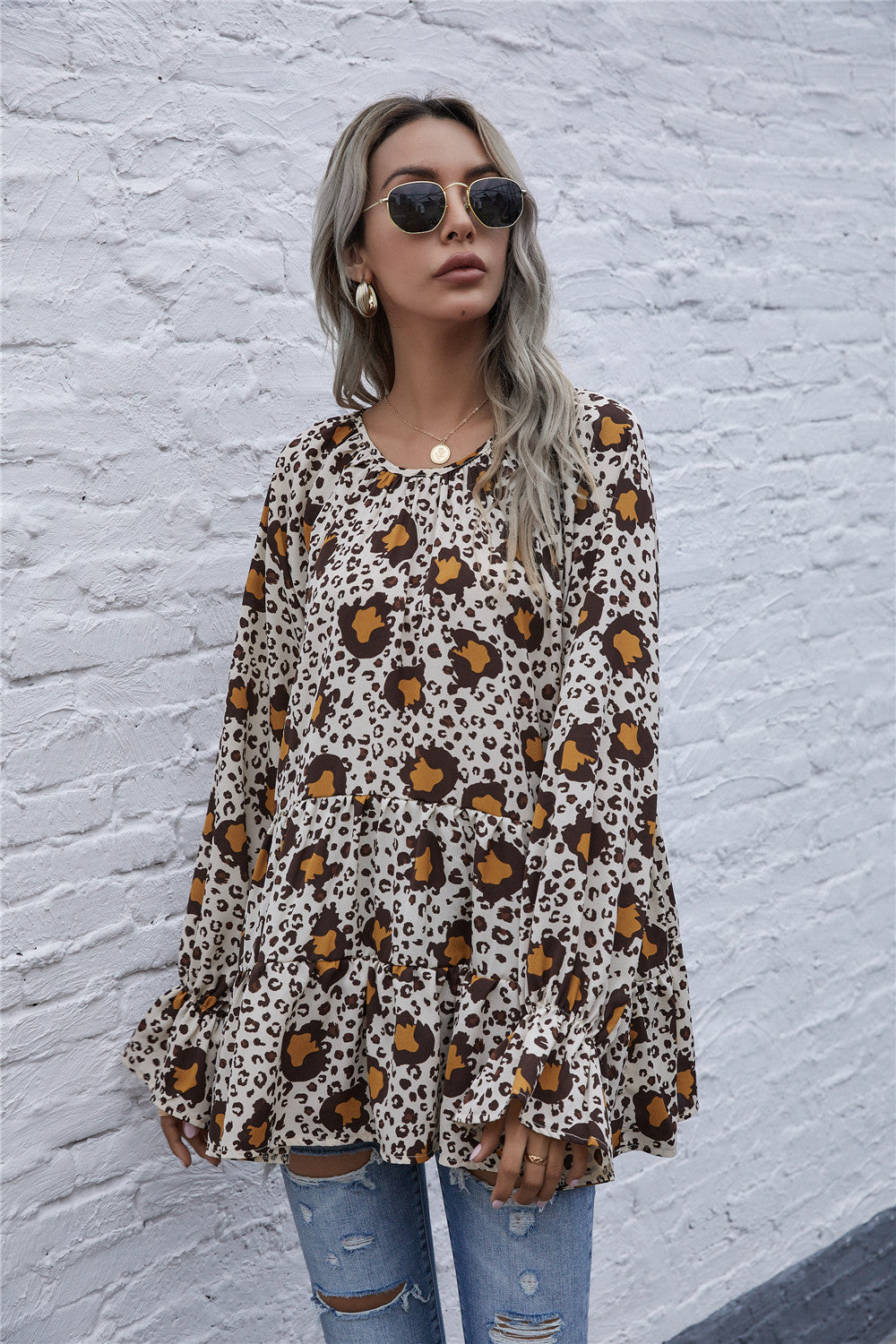 Leopard Round Neck Tiered Flounce Sleeve Blouse