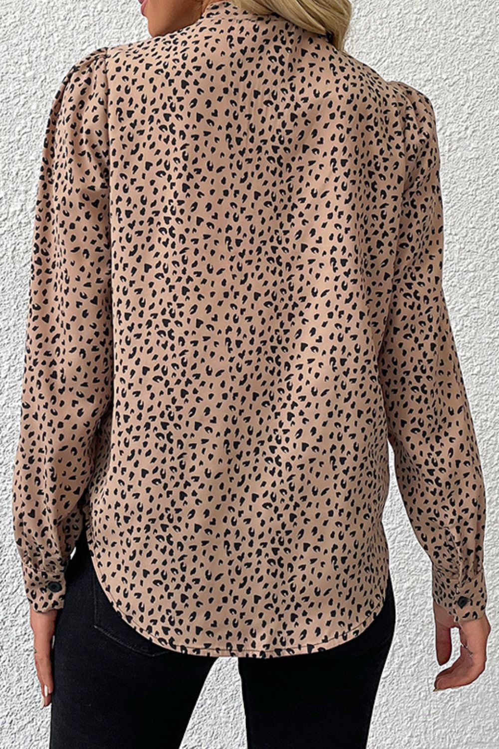 Animal Print Puff Sleeve Tie-Neck Blouse