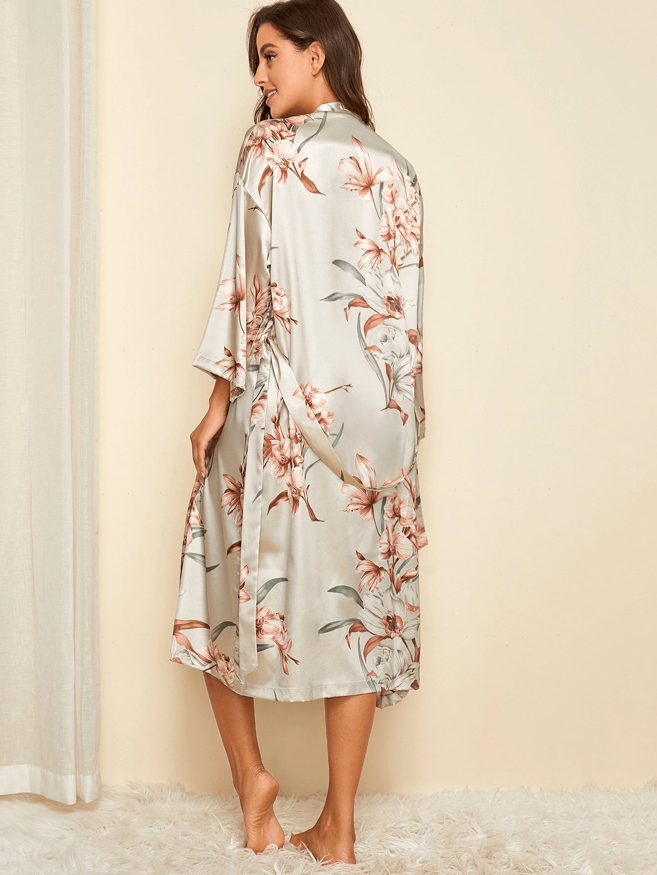 Floral Drop Shoulder Tie Waist Satin Robe