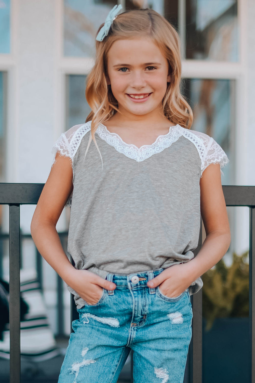 Girls Spliced Lace V-Neck Tee Shirt