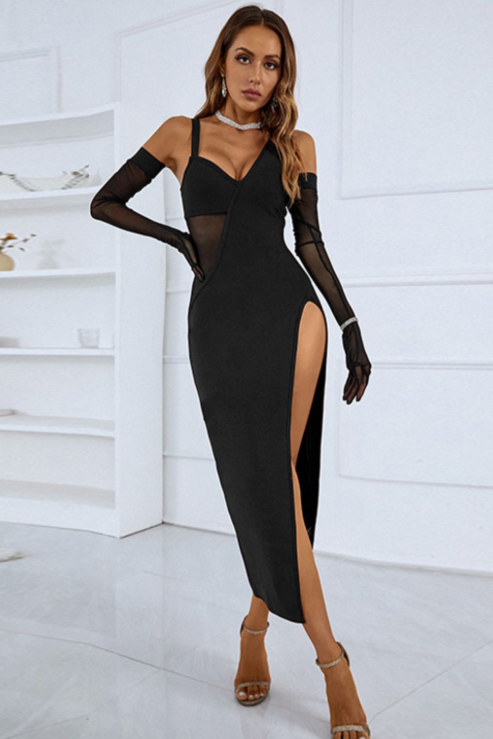 black long sleeve midi dress with side split New Look long sleeve midi dress with side split in black