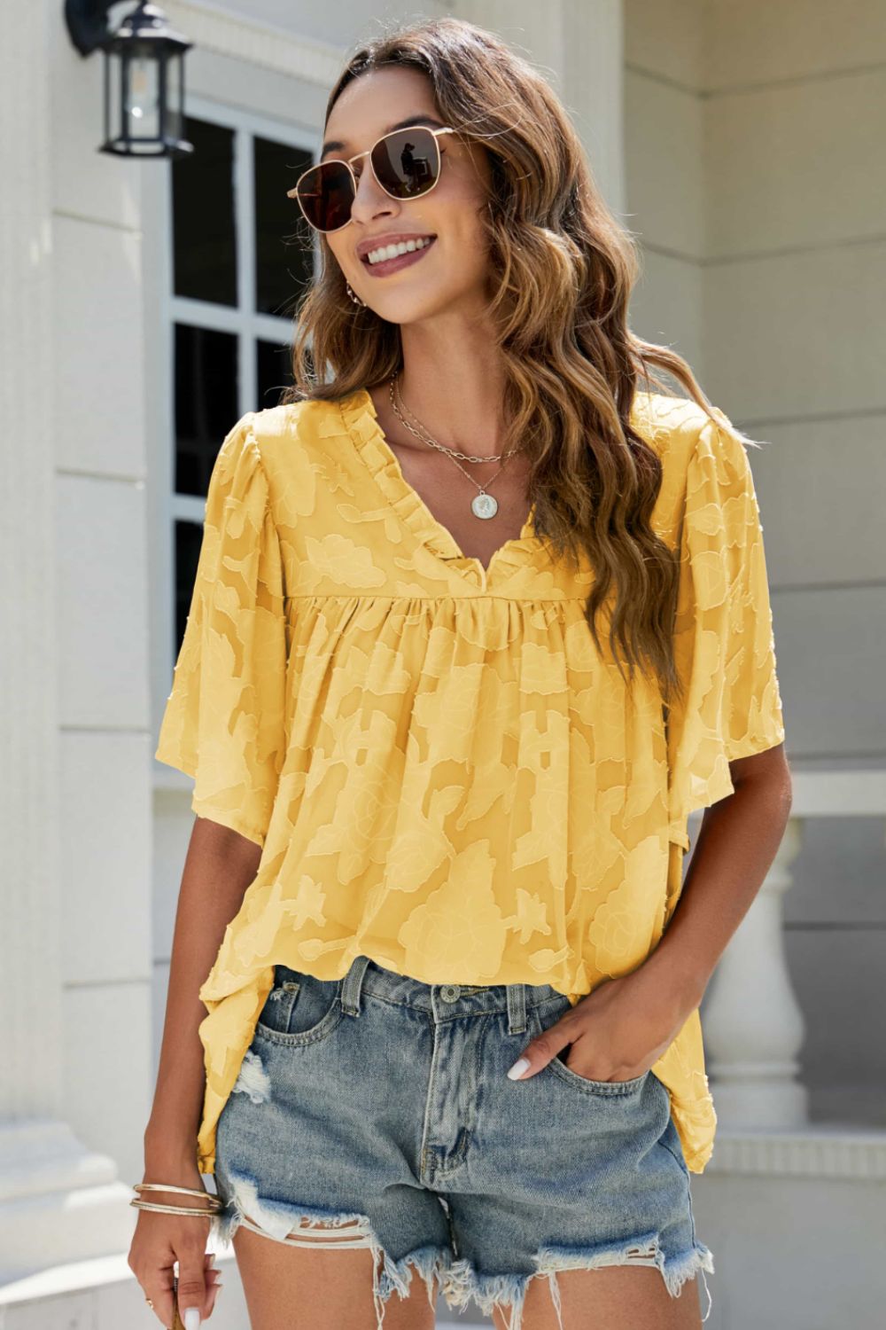 Applique Frill Trim Flutter Sleeve Blouse