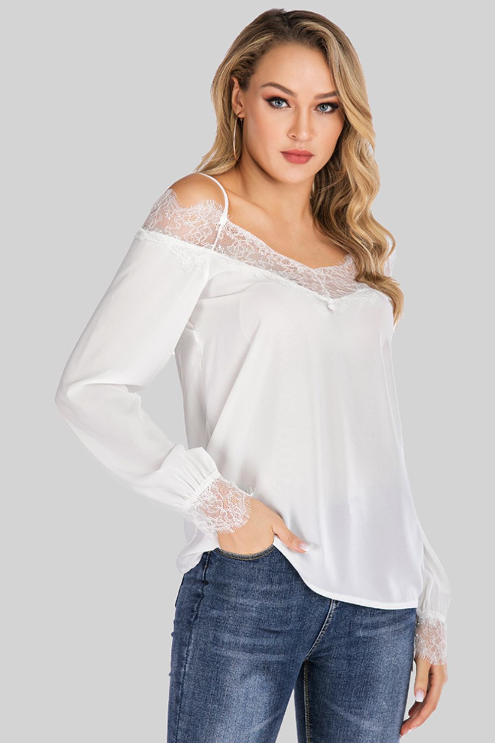 Spliced Lace Cold-Shoulder Blouse