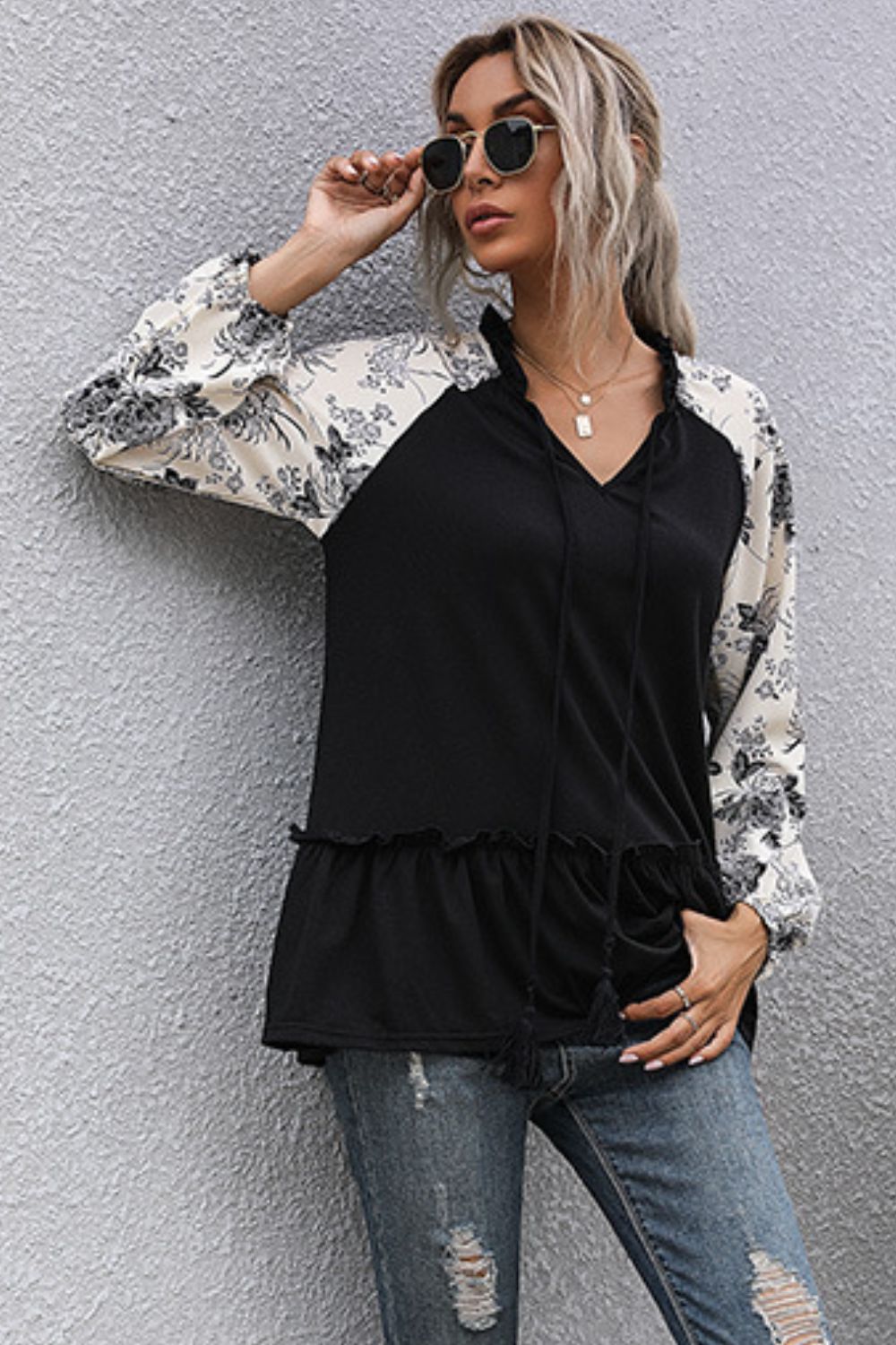 Floral Raglan Sleeve Tassel Tie Frill Trim Top