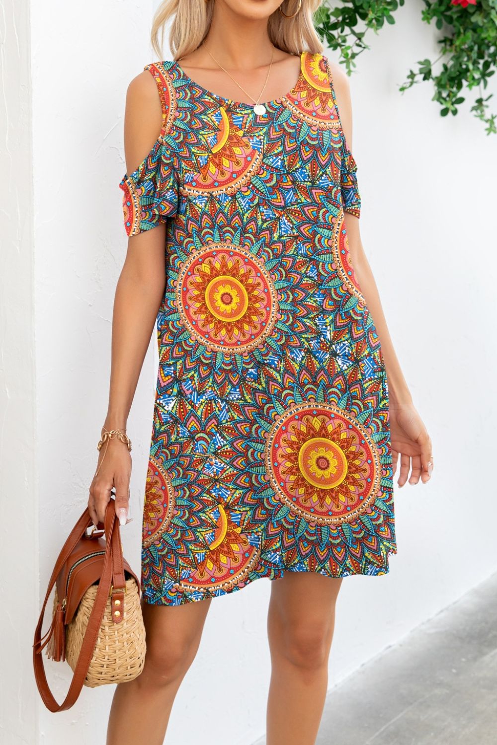 Printed Round Neck Cold-Shoulder Dress