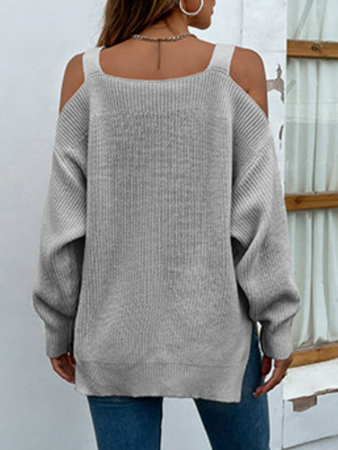 Rib-Knit Slit Cold-Shouder Sweater