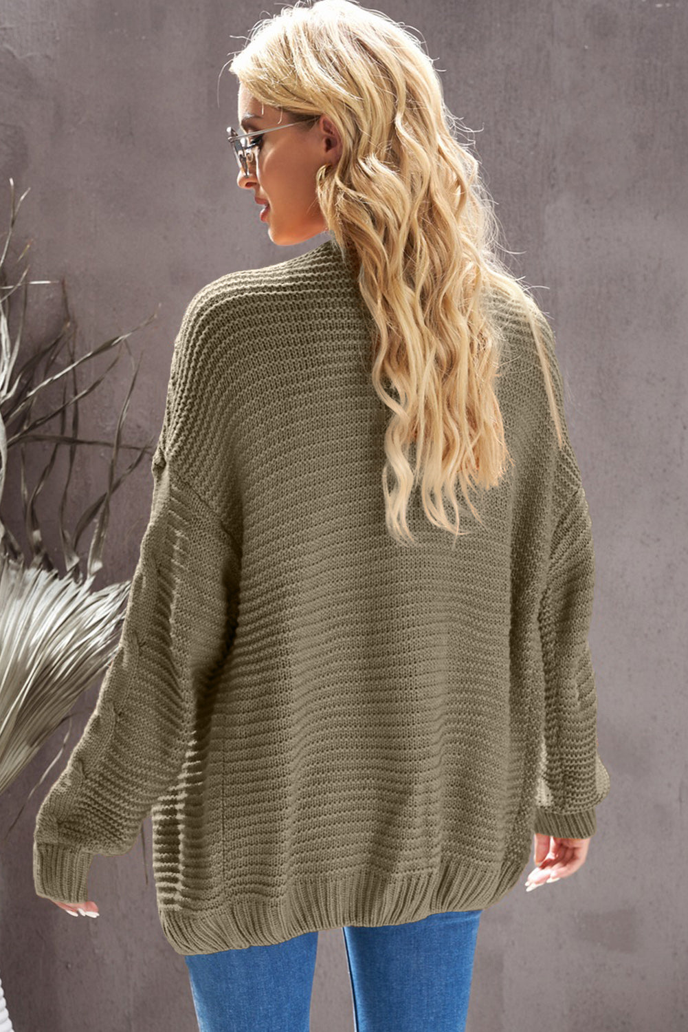 Dropped Shoulder Cable-Knit Open Front Cardigan