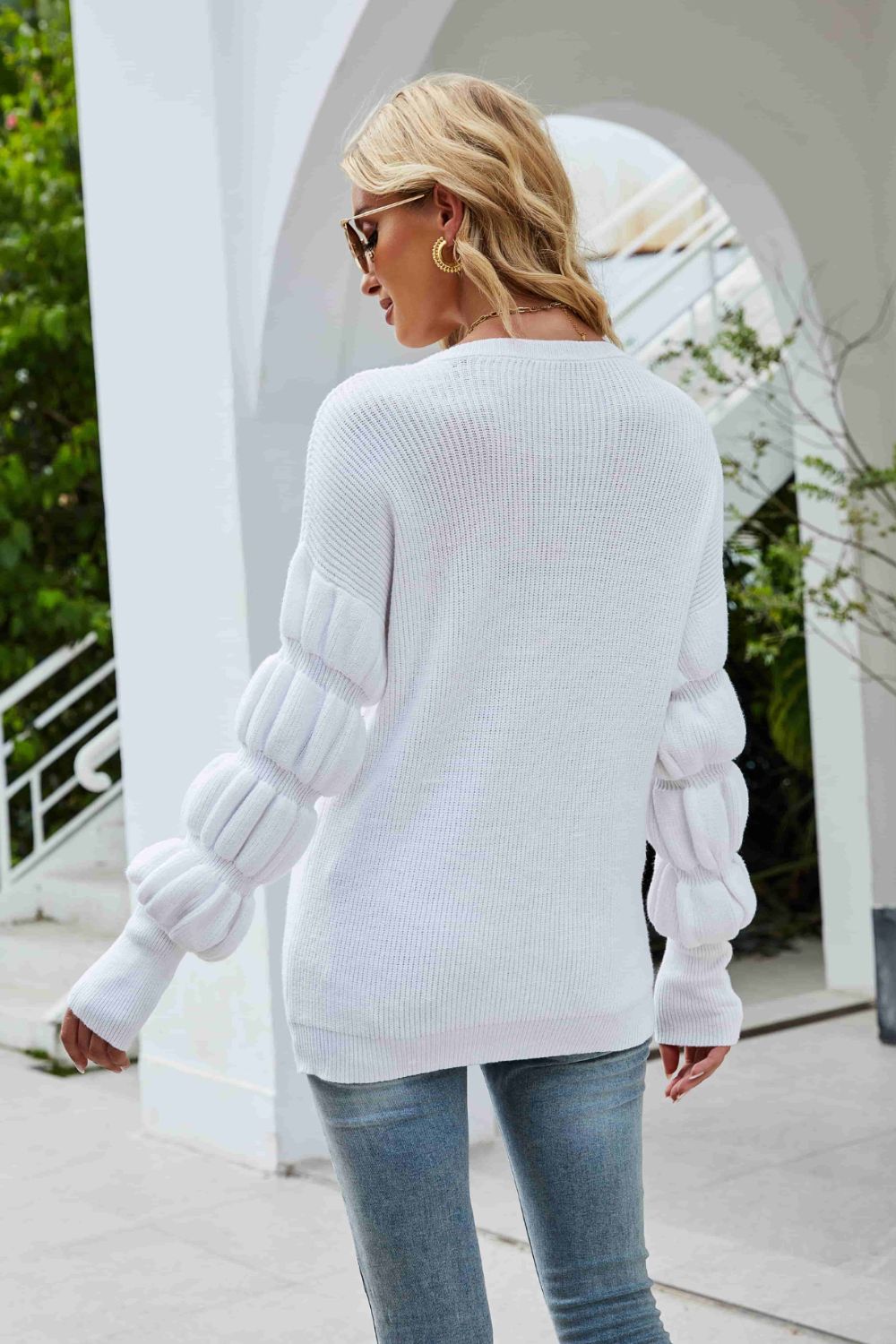 Bubble Sleeve Rib-Knit Sweater