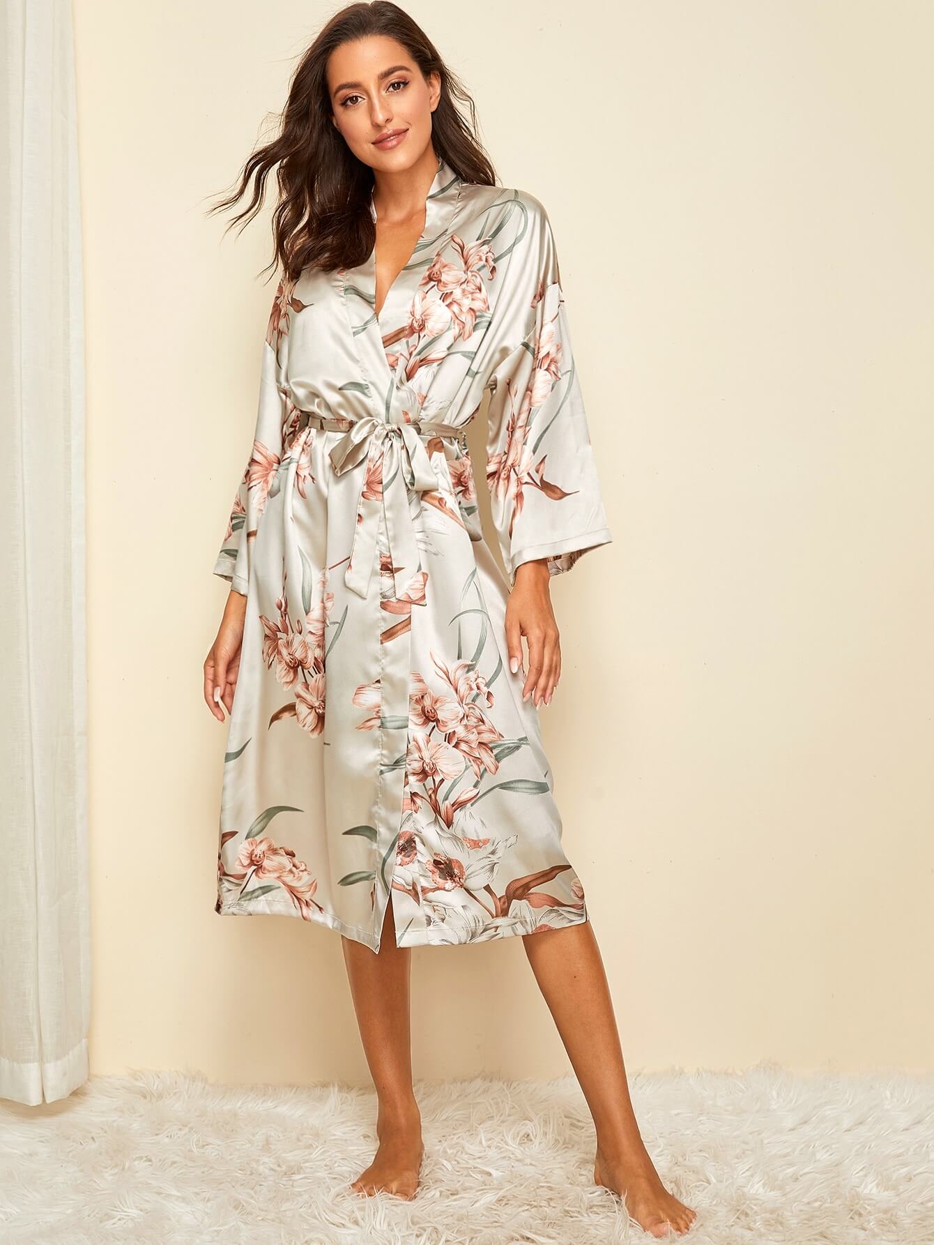 Floral Drop Shoulder Tie Waist Satin Robe