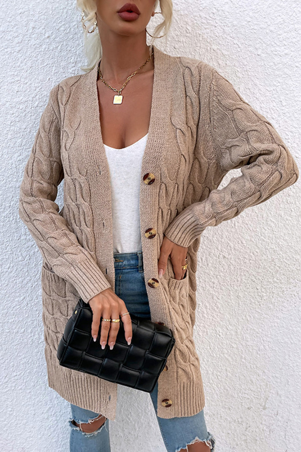 Cable-Knit Button Down Duster Cardigan