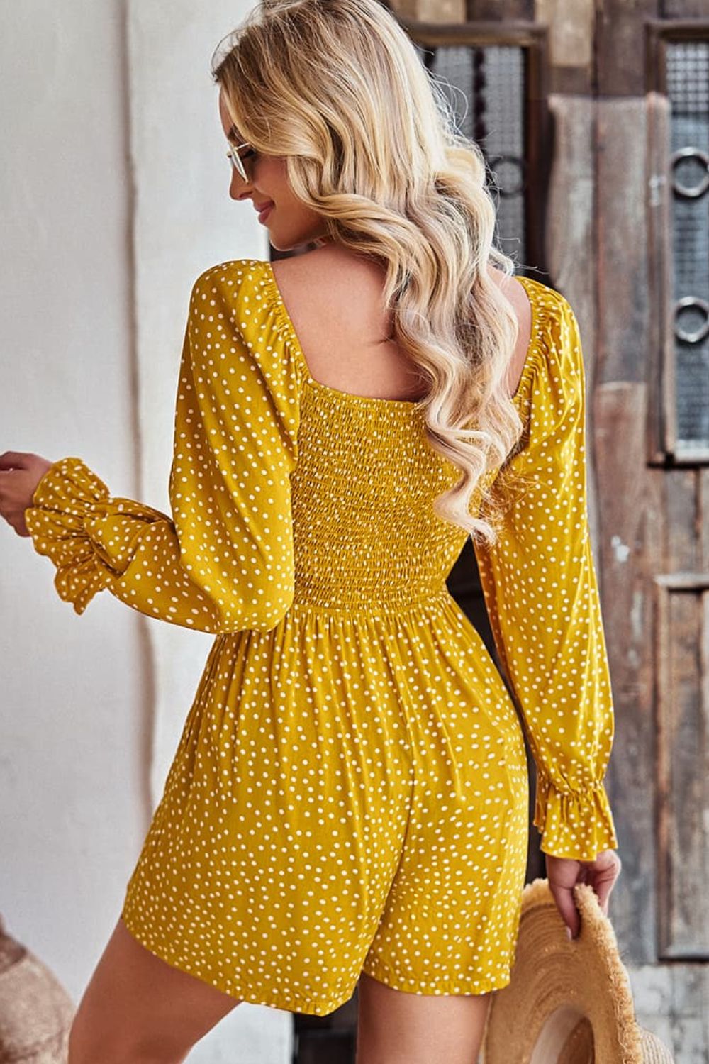 Polka Dot Ruched Smocked Flounce Sleeve Romper