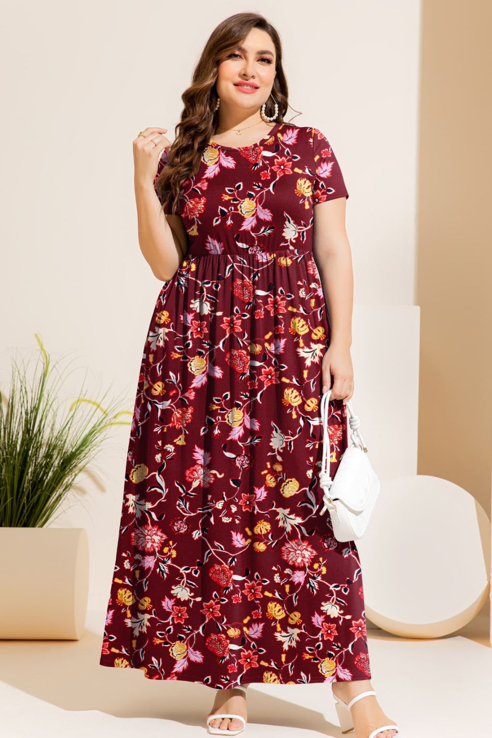 Plus Size Printed Round Neck Short Sleeve Maxi Dress