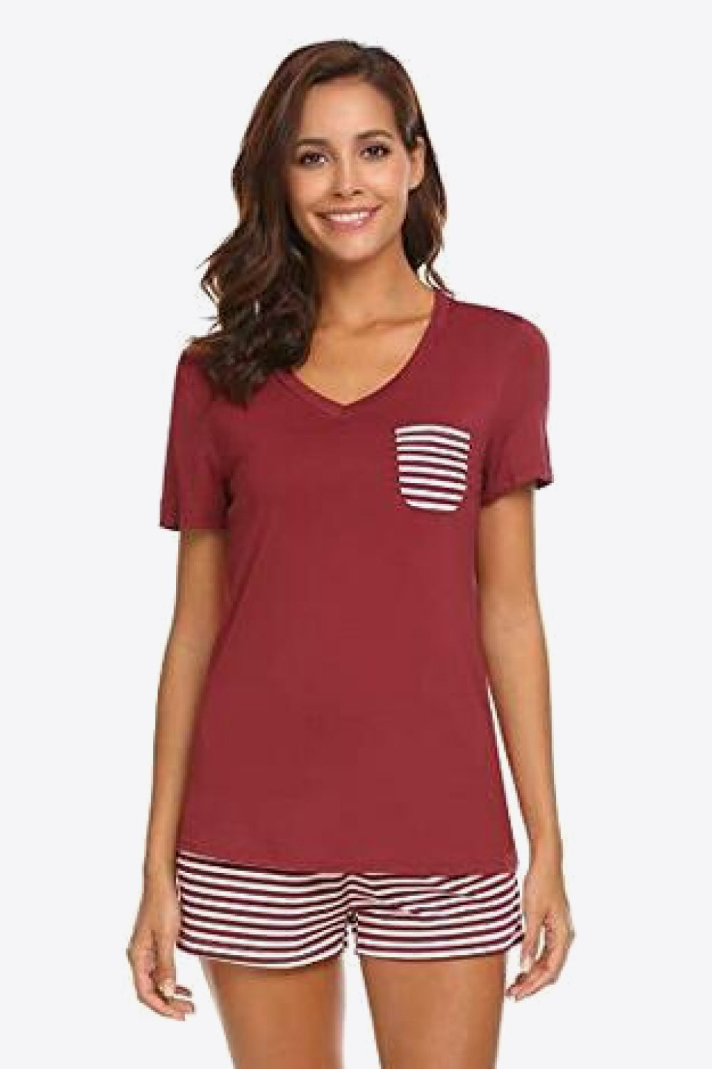 Striped V-Neck Top and Shorts Lounge Set