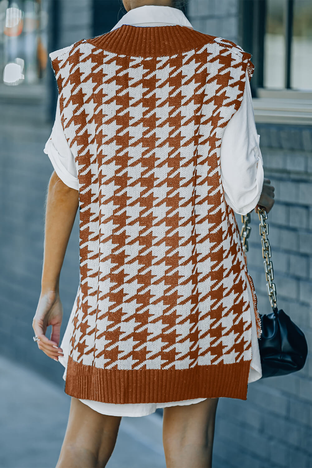Houndstooth Side Slit Ribbed Sweater Vest Dress
