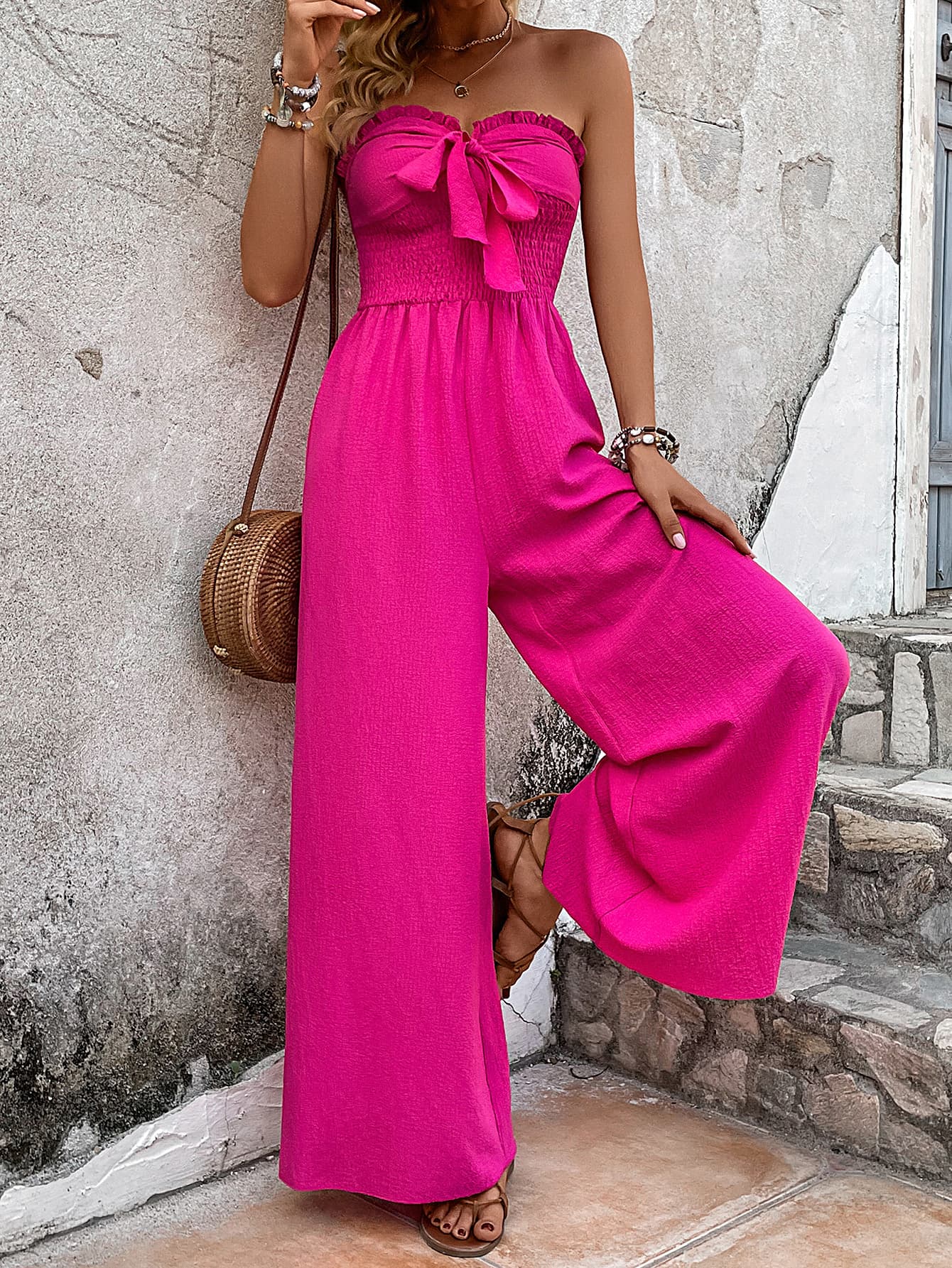 Frill Trim Strapless Smocked Wide Leg Jumpsuit