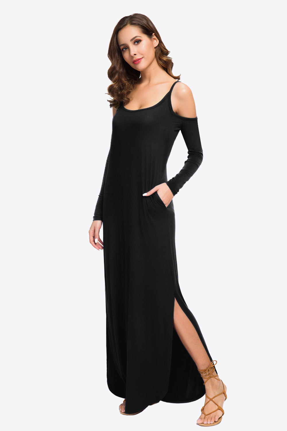 Cold-Shoulder Split Dress with Pockets