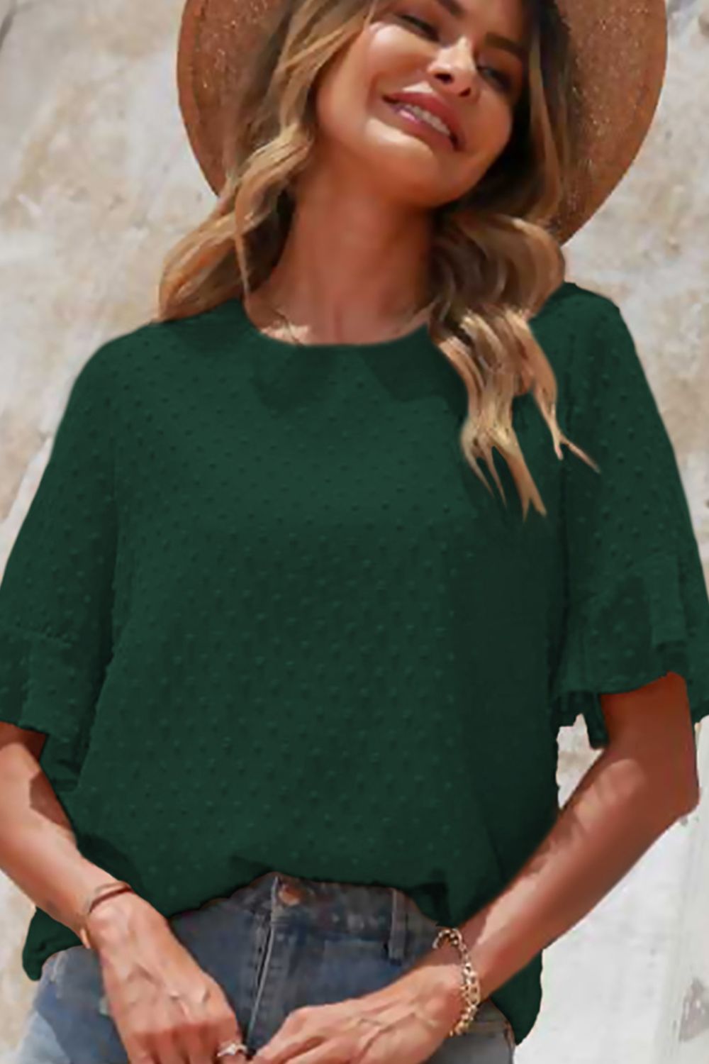 Swiss Dot Flounce Sleeve Round Neck Blouse