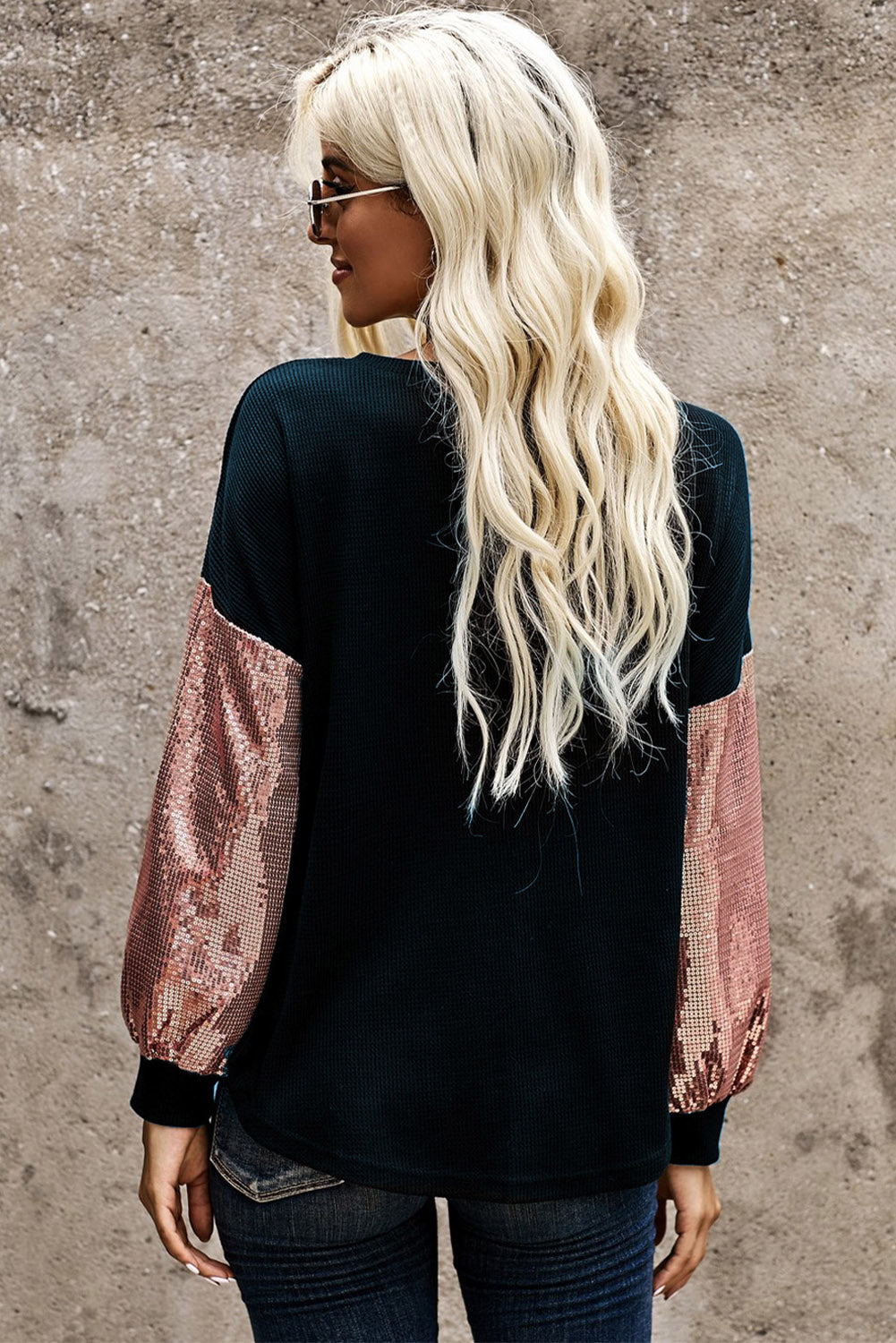 Contrast Sequin V-Neck Drop Shoulder Top
