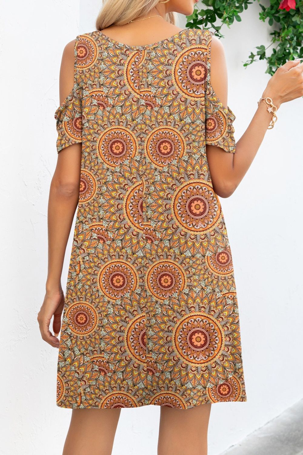 Printed Round Neck Cold-Shoulder Dress