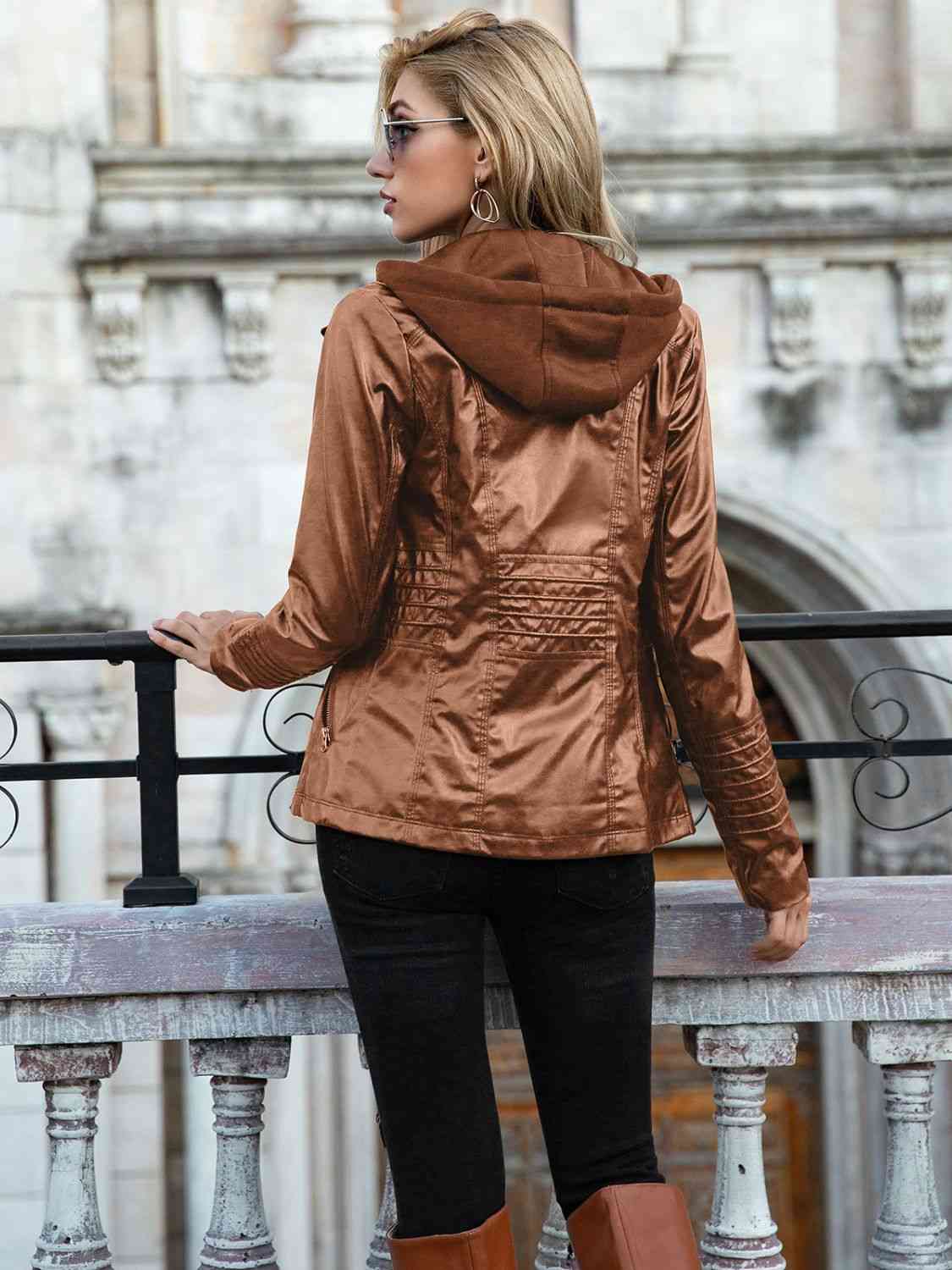Full Size Zip-Up Hooded PU Jacket