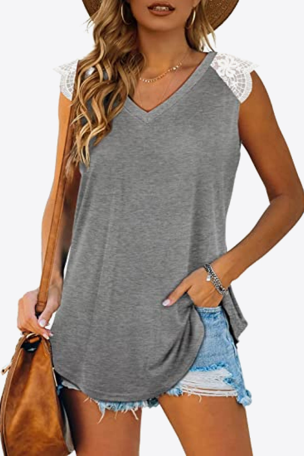 Spliced Lace Curved Hem Blouse