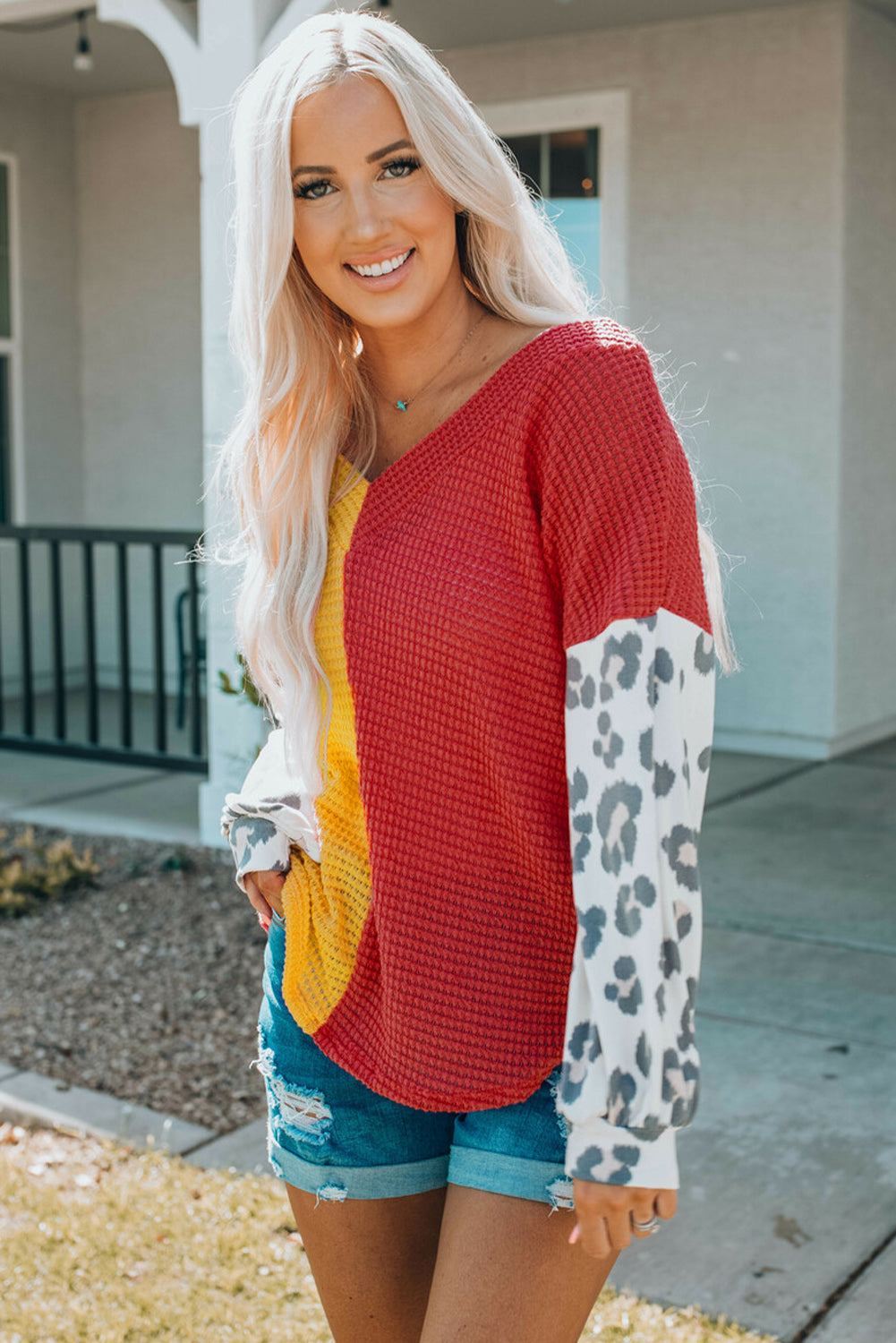 Leopard Color Block Waffle-Knit V-Neck Top