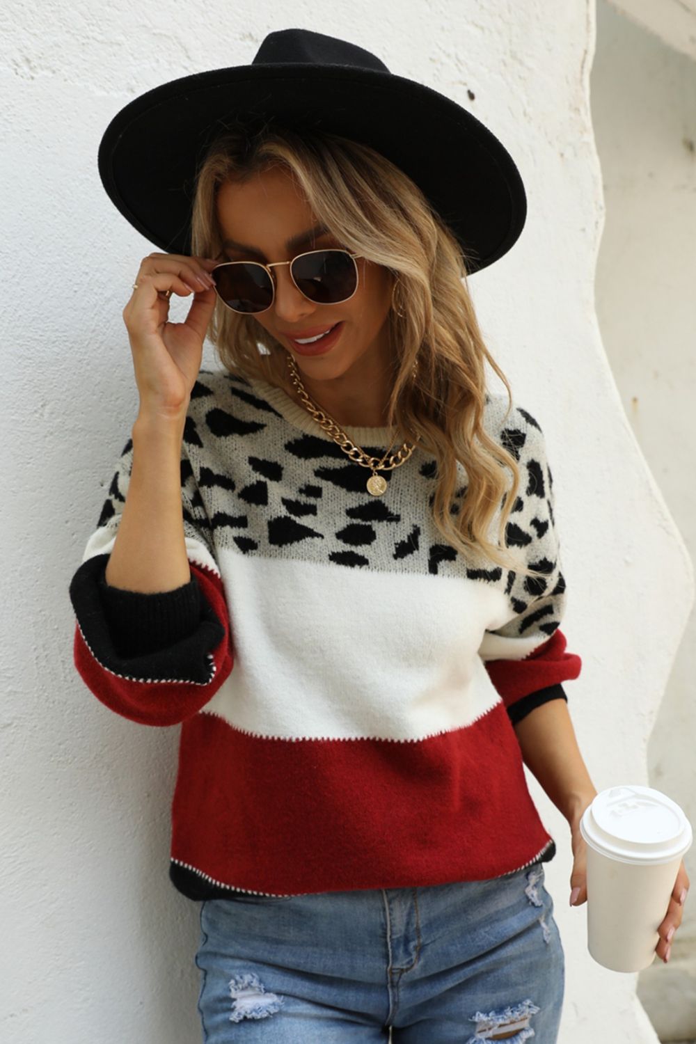 Animal Print Color Block Sweater