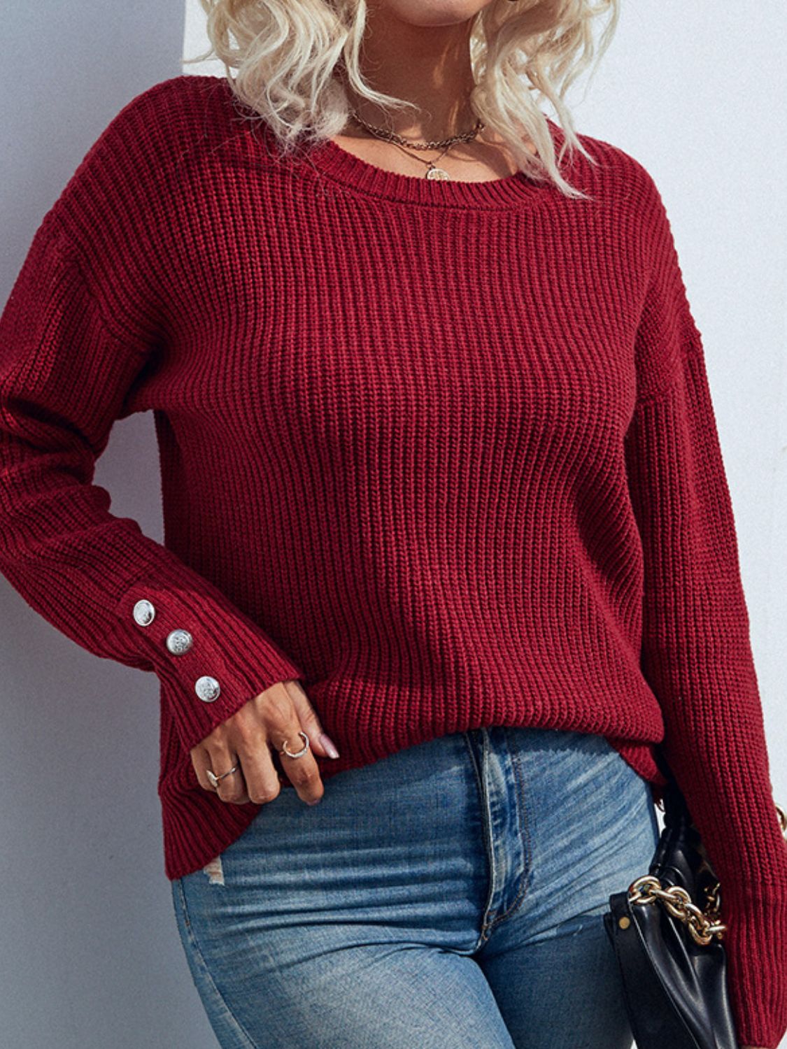 Button Detail Dropped Shoulder Rib-Knit Sweater