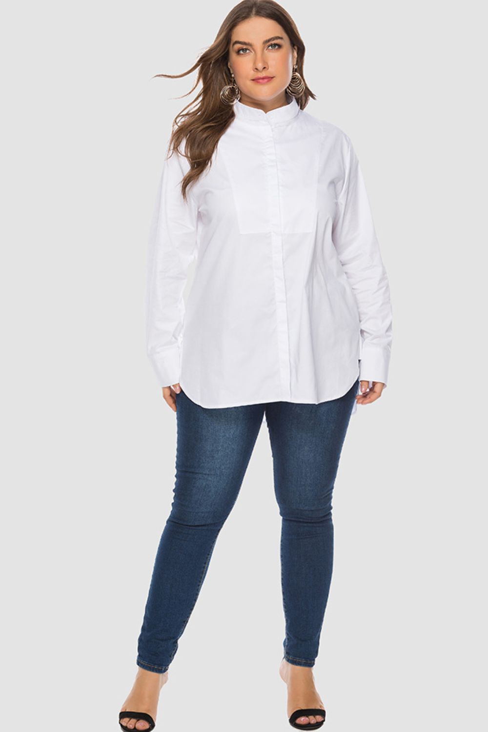 Full Size Button Front Band Collar Long Sleeve Shirt
